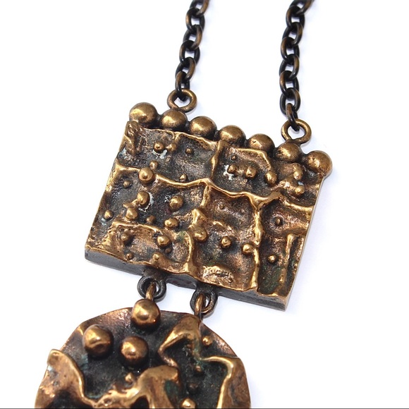 Vintage Brutalist Bronze Pendant Necklace Long Triple Panel Abstract Modernist - Picture 6 of 11